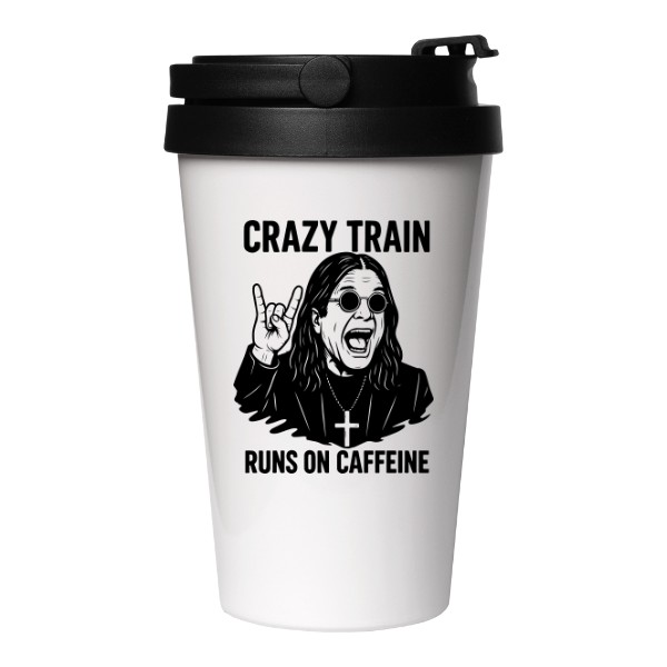 Cestovní nerezový hrnek s potiskem Crazy Train Runs on Caffeine